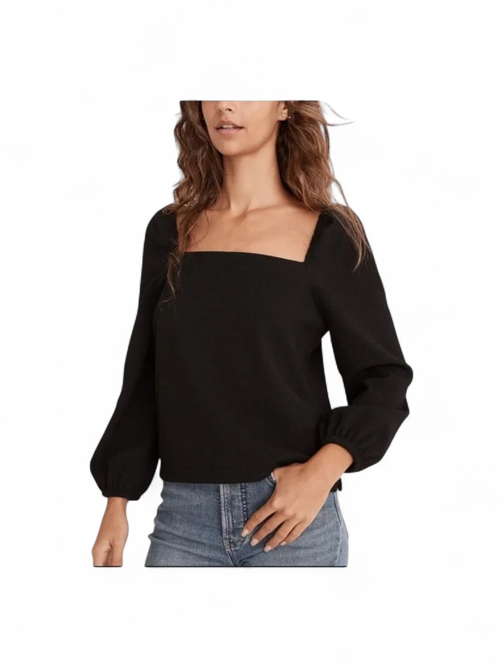 Madewell Women's Crepe Square-Neck Puff Sleeve Black Textured Blouse Size S